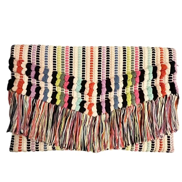 Stella & Dot Taj Boho Clutch Bag Multicolor Woven Fringe Magnetic Closure - Picture 2 of 8
